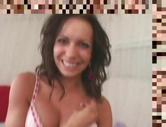 Mom with fake tits smiles and sucks cock