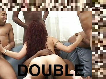 Brilliant redhead dame with long hair getting double penetration in close up shoot