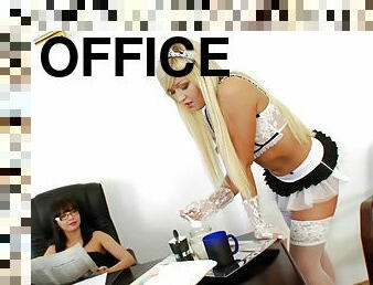 Porn stars in stockings get their assholes drilled hardcore in an office scene