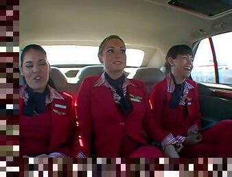 Three sexy girls in uniform get their asses fucked