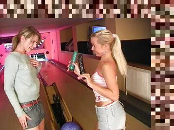 Bowling lane lesbian sex with a pair of hot teens