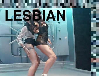 Impassioned lesbian duo enjoy an erotic wet dancing party