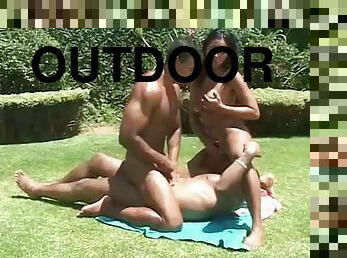 Latin outdoor bisexual threesome with anal