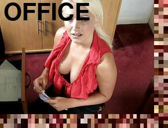Solo blonde Tabitha is posing in her office