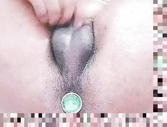 Tiny dick sissy pissing while plugged then wash it