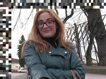 Amateur slut with glasses Eva Berger fucks in public for money