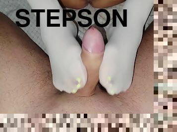 Step Mom Lost In Cards To Stepson Footjob In White Socks