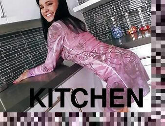 Sweet Christina Snow toys her amazing pussy in a kitchen