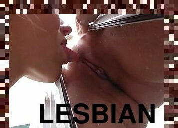 Filthy teens have a steamy lesbian 69 pussy grinding in the batthroom