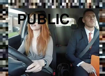 Public redhead babe doggy style in car test