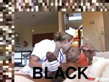 Sexy nurse with a wet smooth shaven pussy and tight ass fucking a black man hard
