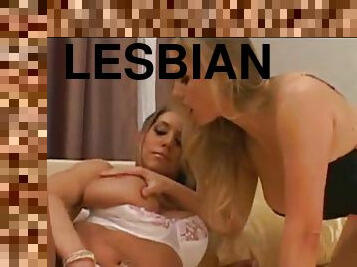 Lesbians caress their big melons while drilling huge toys in their cunts