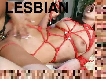 Lesbian hardcore couple like light BDSM with bondage and using dildos