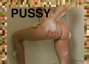 Nice shaved pussy on this cute bitch in the shower
