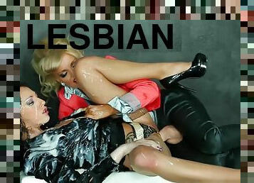 Cumblasted glam lesbian strapon fucked