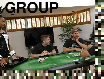 During poker night a group of white guys gangbang the hot, ebony maid