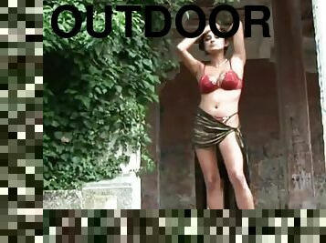 Hardcore outdoor solo with naturally busty brunette Extasi