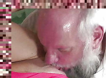 Brunette secudes mature grandpa with sloppy blowjob
