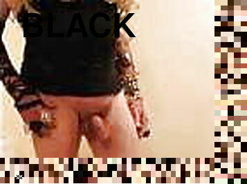 Blonde slut in studded black pvc dress