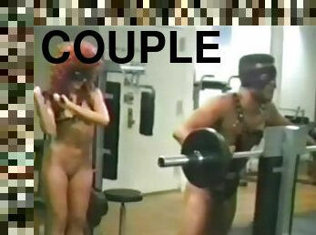 Strange couple hit the gym together then fuck with a strap on in POV
