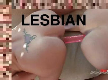 Gorgeous lesbian with nice big tits enjoying a hardcore dildo fuck