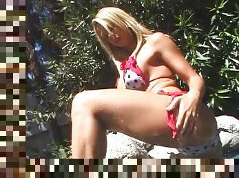After sunbathing a blonde takes off her bikini then gets drilled hard