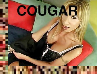 Tattooed cougar with huge tits getting her shaved pussy licked