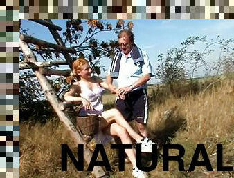 Hardcore pounding a hot natural redhead out in nature