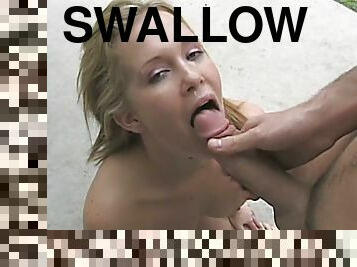 Adorable blonde yelling while being screwed hardcore before swallowing cum