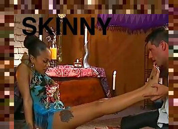 Skinny ebony babe with foot fetish getting hammered in spicy interracial shoot