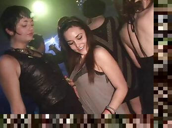 Endearing babes with small tits showcasing her shaved pussy in the club party