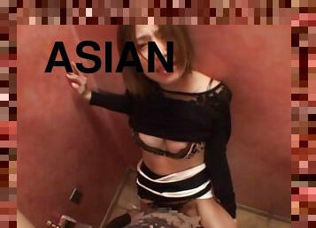 During lunch this Asian couple sneaks into the bathroom to fuck