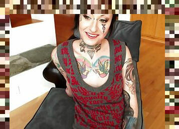 Girl with a tattooed face and chest makes him cum in POV sex