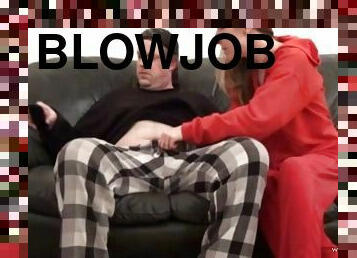 Marie Madison gives blowjob to her man on the couch