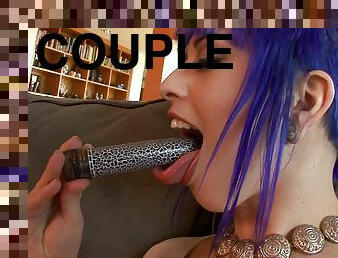 Blue hair punk in leather boots gets the cock off in POV fuck video