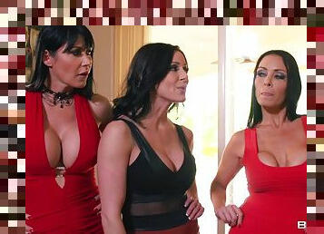 Three milfs with fake tits make love to his hard dick in a foursome