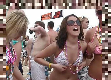 Bikini girls at the beach flash their tits while drinking