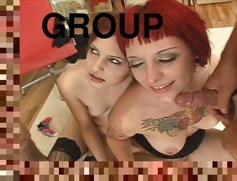 Tattooed punk with small tits enjoying an awesome foursome