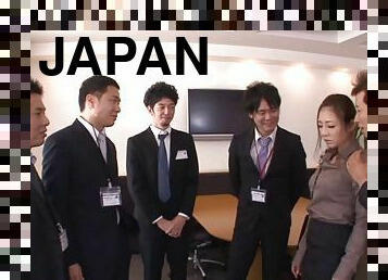 Seductive Japanese babe gets gang banged in the office