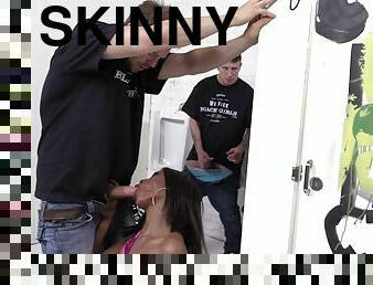 Skinny ebony cowgirl gives a handjob then gets slammed hardcore in the toilet