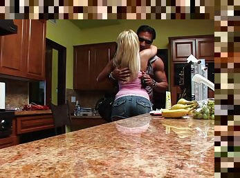Curvy blonde milf getting slammed in the kitchen by two cocks