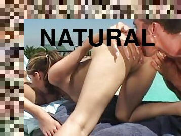 Hot FFM threesome action along babes with natural tits being fucked outdoor