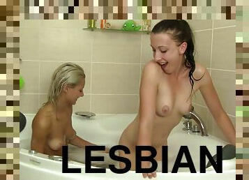 Pinky June gets soapy in bath and eats pussy with lesbian chick
