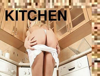 Amazing Blonde In Thong Masturbates In The Kitchen