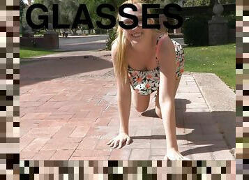 Sexy Blonde Babe With Glasses Playing With Her Shaved Pussy In A Park