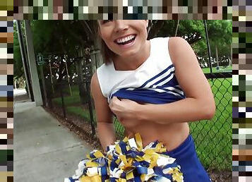 Kinky cheerleader Tiff Bannister blows and gets her twat slammed