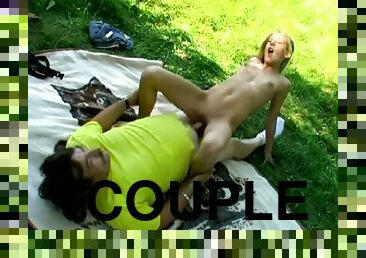 Fun Loving Couple Has Outdoor Forest Sex on a Blanket
