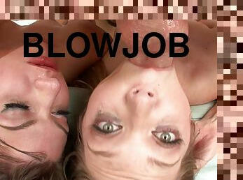 Jessie Andrews and Cassandra Nix swap cum in FFM blowjob scene