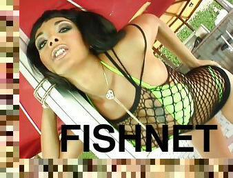 Tattooed fishnet brunette Loona shows her big ass and enjoys a DP
