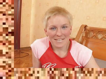 Short haired Russian rides after a deep blowjob